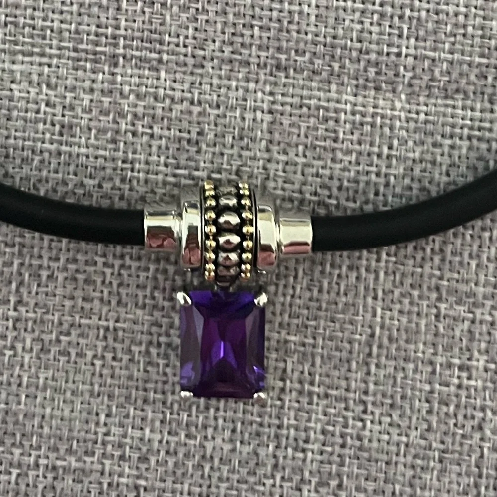 Black Choker Necklace Purple Crystal & Silver Tone Pendant